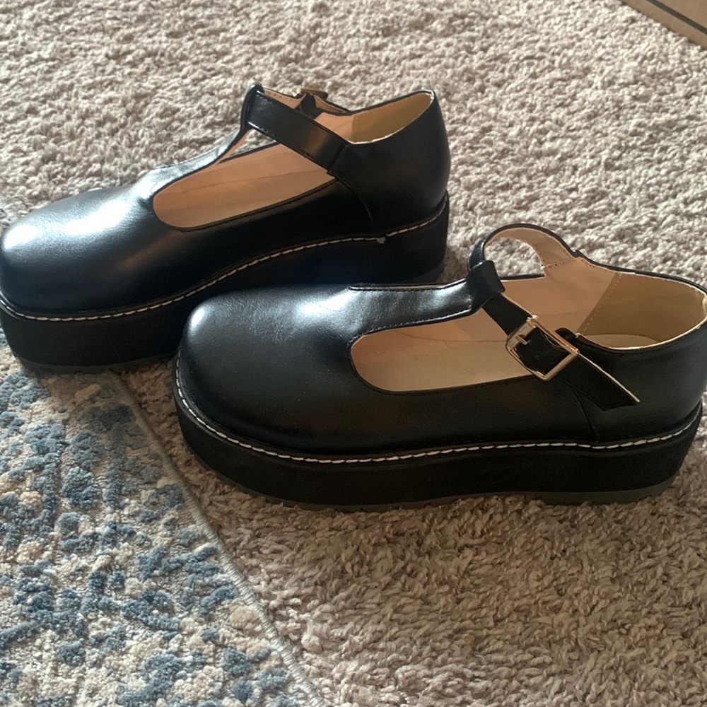 Black leather platform Mary Jane shoes